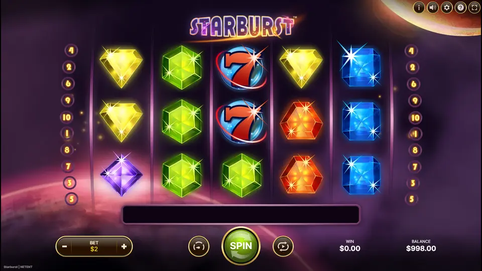 Starburst base game grid showing the 5x3 reel layout