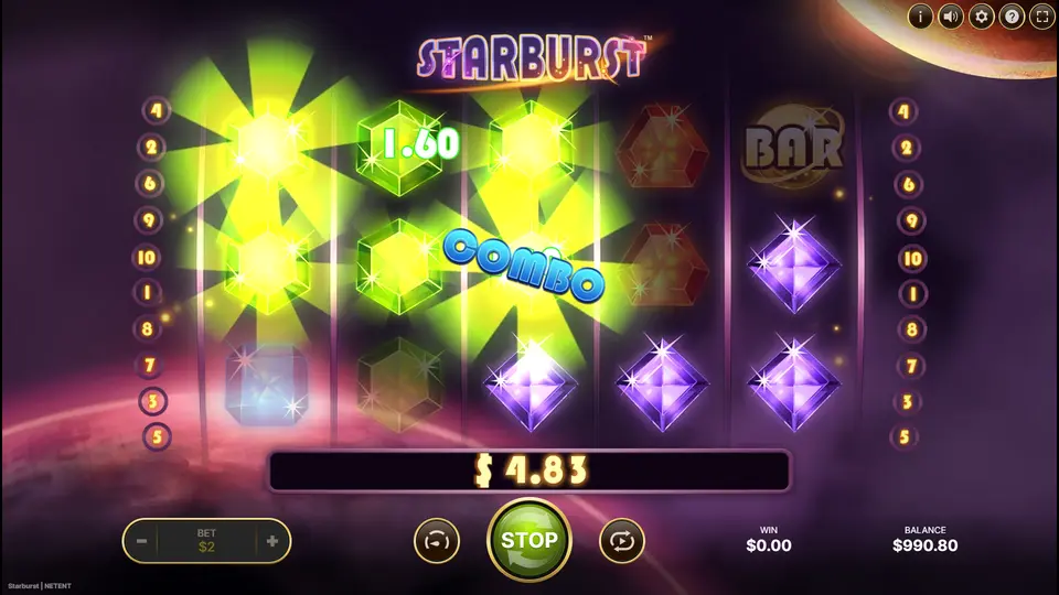Expanded Starburst Wild triggering a re-spin on the reels